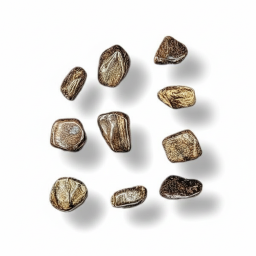 Nine small irregular brown and tan pieces with a textured, stone-like surface arranged on a white background with soft drop shadows.