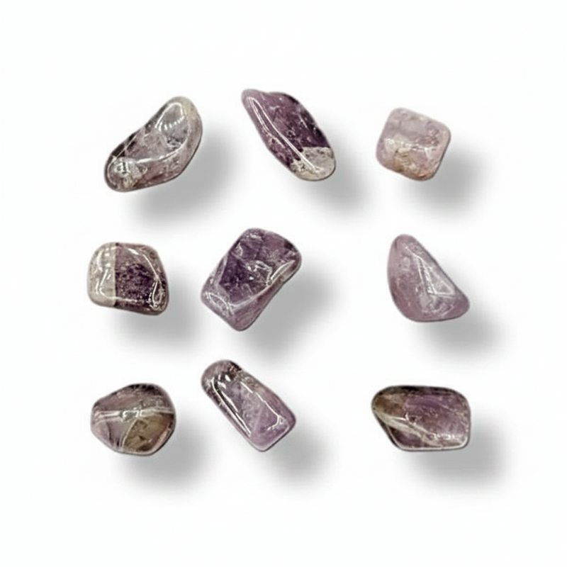 Nine polished tumbled Auralite 23 gemstones in various irregular shapes, arranged on a white background with soft drop shadows.