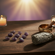 A styled tabletop scene with purple Auralite 23 stones, a white sage bundle wrapped in string, a small brass singing bowl with a wooden mallet, and lit candles on a wooden surface, with a warm glowing background.
