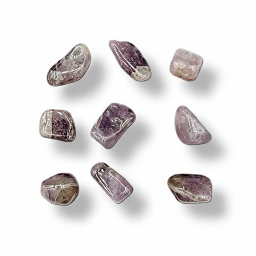 Nine polished tumbled Auralite 23 gemstones in various irregular shapes, arranged on a white background with soft drop shadows.