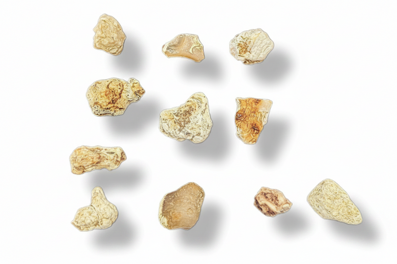 Nine irregular, rough snake skin agate with  shades of beige, tan, and light brown, arranged on a plain white background with soft drop shadows.