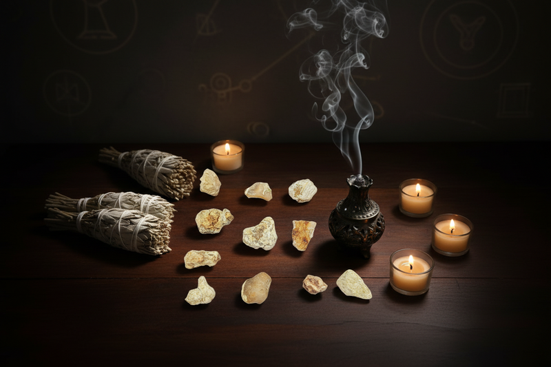 A dark, atmospheric still life featuring a black metal incense burner with rising smoke, several lit tealight candles, two white sage bundles, and multiple raw crystals arranged on a dark wooden surface against a dark background with subtle astrological symbols.