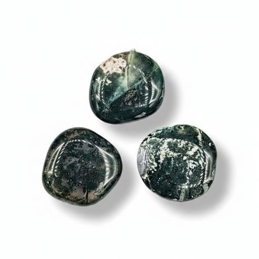 Three green marbled stones on a white background