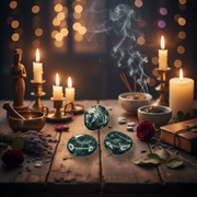 A mystical setting with candles, incense, and stones on a wooden table.