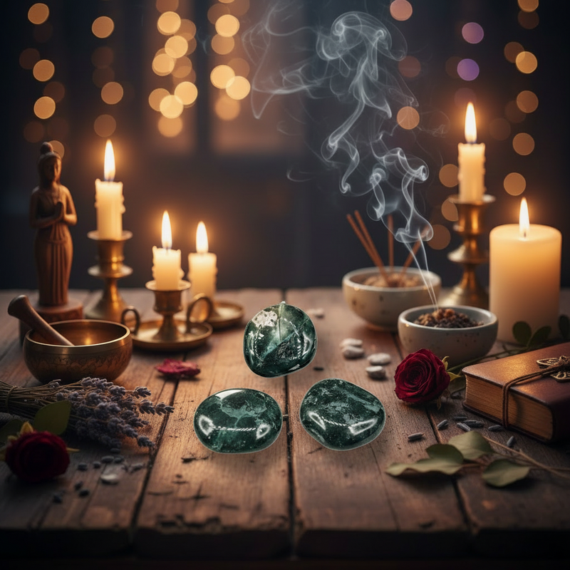 A mystical setting with candles, incense, and stones on a wooden table.