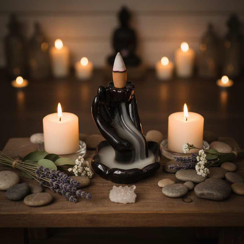 Decorative hand incense burner with candles and stones on a wooden surface