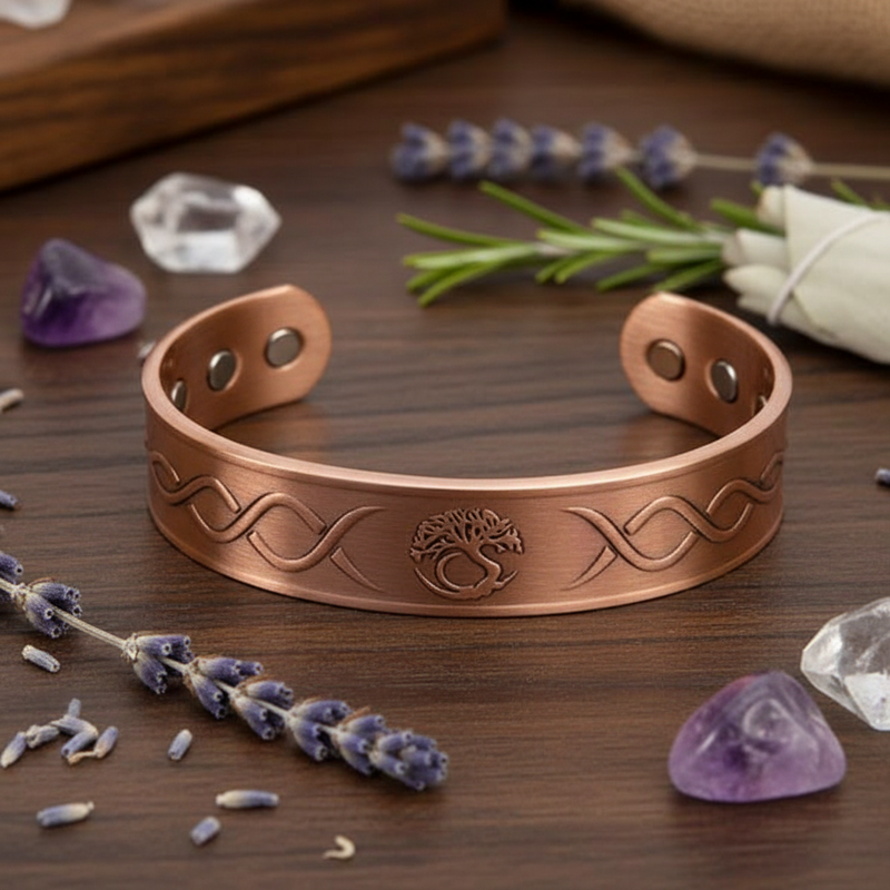 Copper bracelet with engraved design on a wooden surface with lavender and crystals.