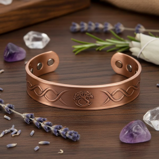 Copper bracelet with engraved design on a wooden surface with lavender and crystals.