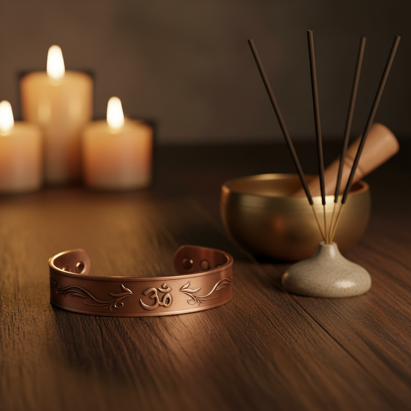 Copper bracelet with OM symbol, incense holder, and candles on a wooden surface