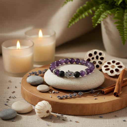 A beaded bracelet with purple, black, and white beads and a silver hamsa charm, displayed on a white stone atop a round wooden tray with candles, dried lotus pods, cinnamon sticks, and lavender.