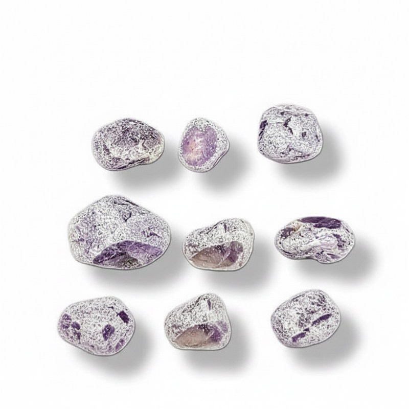 Nine polished tumbled gemstones in shades of lavender, purple, and white, arranged in a 3x3 grid on a clean white background with soft drop shadows.
