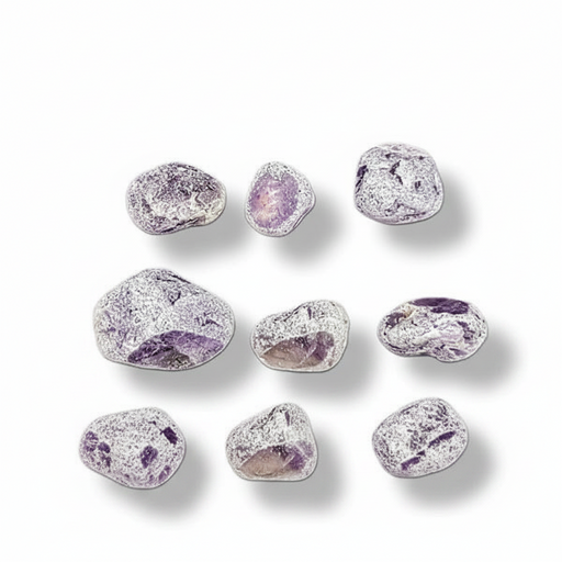 Nine polished tumbled gemstones in shades of lavender, purple, and white, arranged in a 3x3 grid on a clean white background with soft drop shadows.
