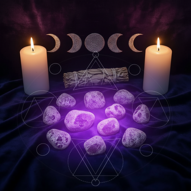 A set of purple tumbled stones arranged in a circle on a dark purple fabric, glowing with a purple light. Two lit white pillar candles stand on either side, and a bundle of sage sticks with a moon phase print and geometric symbols are displayed in the background.