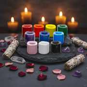 Colorful candles in holders on a dark surface with incense sticks and crystals.