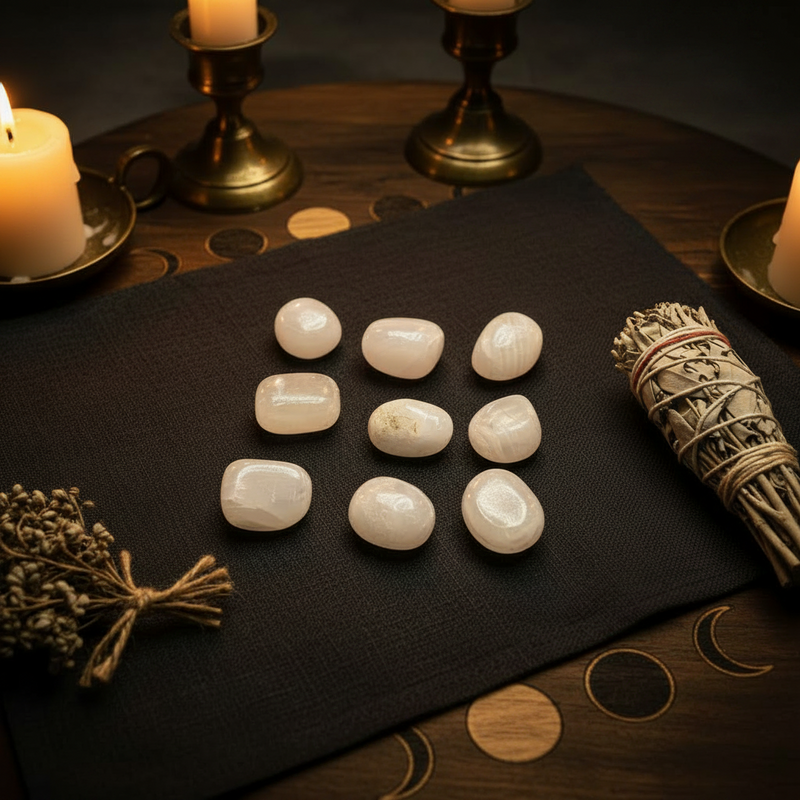 Nine polished pink calcite tumbled stones arranged on a black cloth, surrounded by lit candles, brass candlesticks, dried floral sprigs, and a bundle of white sage on a dark wooden surface.