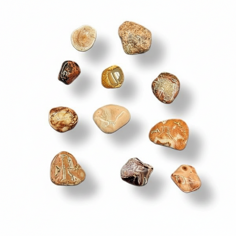 Nine polished tumbled stones with natural inclusions and varied earthy colors, arranged on a clean white background with soft drop shadows.