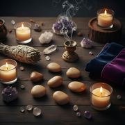 A styled tabletop scene with multiple lit candles in glass holders, smudging sage, polished stones, crystals, and folded purple fabric on a dark wooden surface.