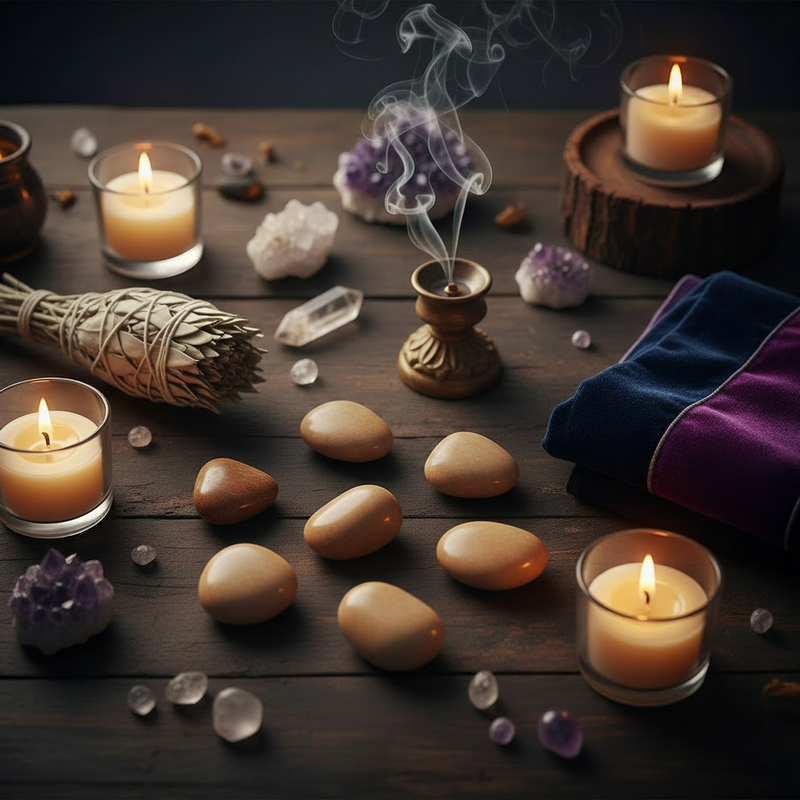 A styled tabletop scene with multiple lit candles in glass holders, smudging sage, polished stones, crystals, and folded purple fabric on a dark wooden surface.