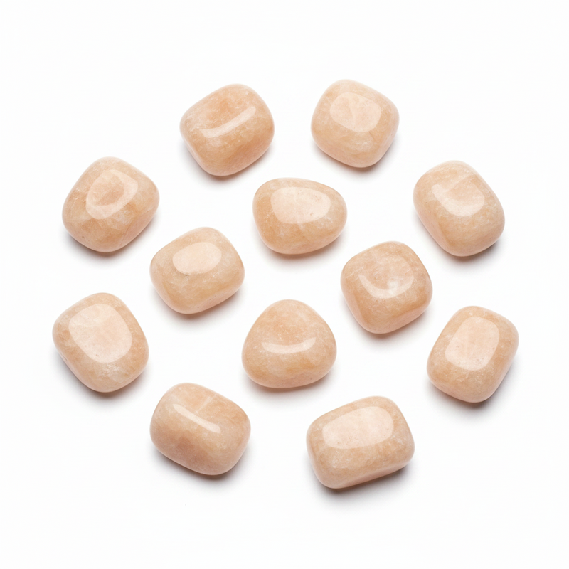 Ten smooth, polished peach-colored gemstone teardrop charms arranged in a loose circle on a clean white background.