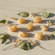 Nine raw, rough orange calcite are arranged on a light marble surface, surrounded by green eucalyptus leaves and small dried white flowers under warm, direct sunlight.