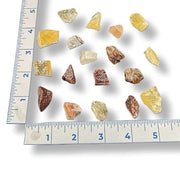 Mineral samples with a ruler for scale on a white background