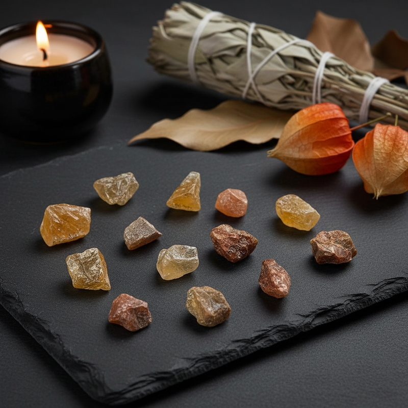 A set of raw, unpolished gemstone chips in various earthy colors, arranged on a black slate tray. The scene is styled with a lit candle in a black holder, a sage smudge bundle, dried leaves, and two orange physalis fruits on a dark background.