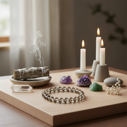 Tabletop scene with incense, candles, crystals, and a bracelet on a wooden surface.