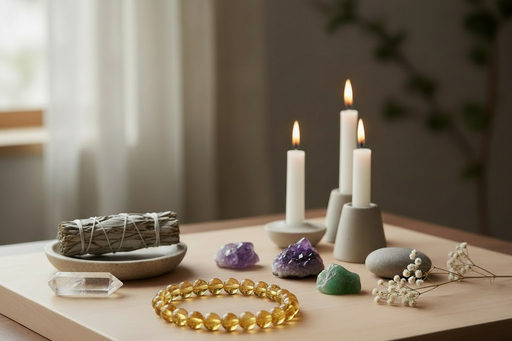 Tabletop scene with incense, candles, crystals, and a bracelet on a wooden surface.