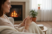 Woman sitting by a fireplace in a cozy living room