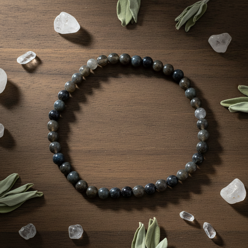 Beaded bracelet on a wooden surface with crystals and leaves