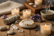 A beaded bracelet made of cream, yellow, and brown beads sits on a smooth stone dish on a rustic wooden table, surrounded by lit candles, a smudge bundle, crystals, and a ceramic bowl with rising smoke.