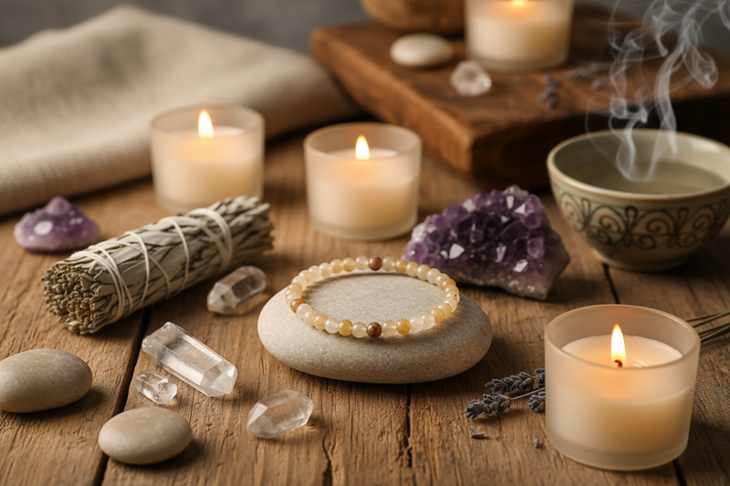 A beaded bracelet made of cream, yellow, and brown beads sits on a smooth stone dish on a rustic wooden table, surrounded by lit candles, a smudge bundle, crystals, and a ceramic bowl with rising smoke.
