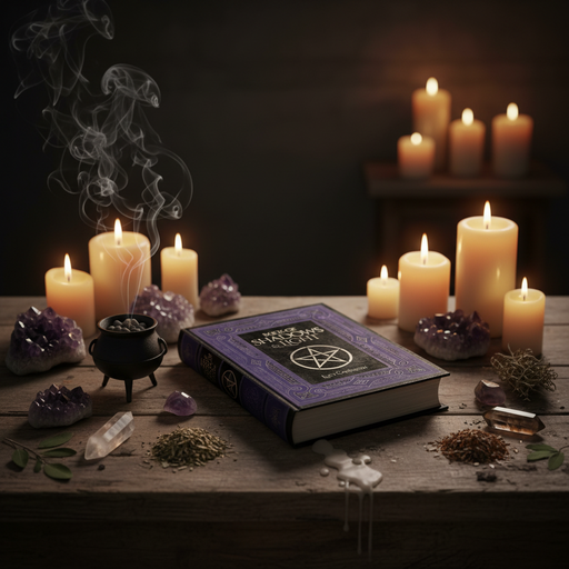 Witchcraft setup with a book of shadows, candles, and crystals on a wooden table.
