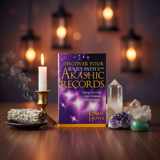 Book titled 'Discover Your Soul's Path Through Akashic Records' by Linda Howe with candles, crystals, and smudge stick on a wooden surface.