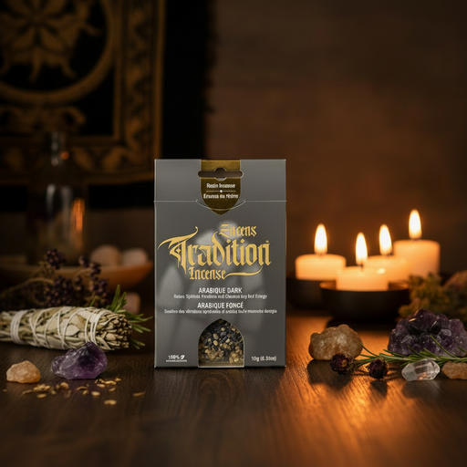Incense packaging with candles and crystals on a dark background