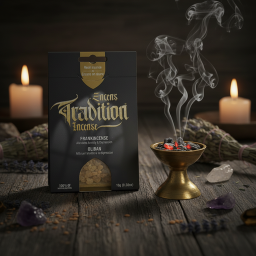 A black package of Tradition Incense (Frankincense) stands on a dark rustic wooden table next to a brass incense burner with rising smoke, lit candles, and lavender sprigs.
