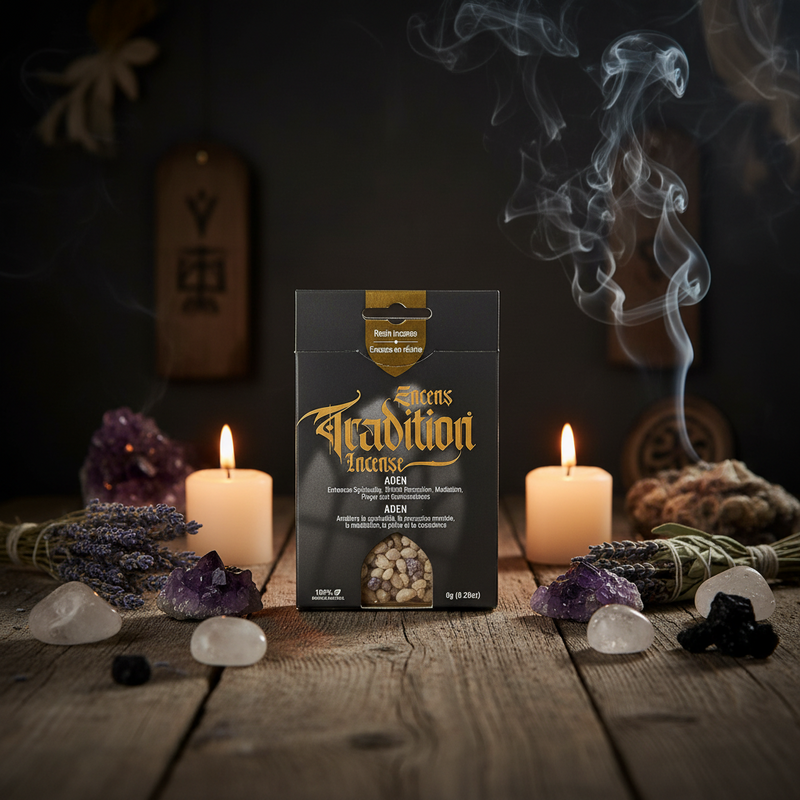 A package of Aden Tradition Incense is centered on a rustic wooden table, surrounded by lit candles, crystals, dried lavender, and rising smoke against a dark mystical background.