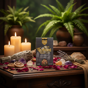 Box of Tradition Incense on a table with candles, plants, and crystals in a mystical setting.