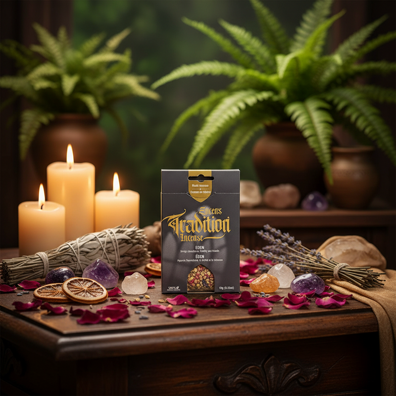 Box of Tradition Incense on a table with candles, plants, and crystals in a mystical setting.