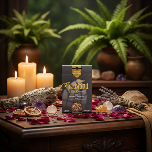 Box of Tradition Incense on a table with candles, plants, and crystals in a mystical setting.