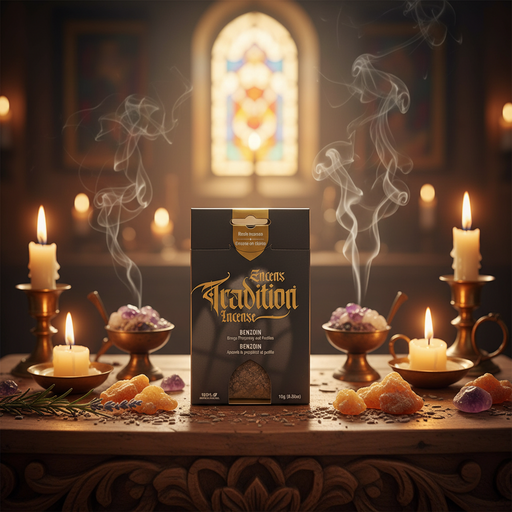 Box of 'Muir's Tradition Incense' surrounded by candles and incense sticks in a mystical setting.