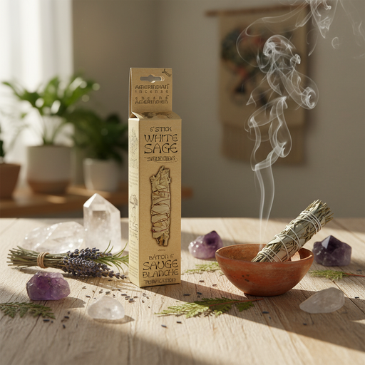 A boxed bundle of white sage smudge sticks stands on a wooden table beside a small copper bowl holding a lit sage bundle with visible smoke curling upward. The scene includes crystals, lavender sprigs, and a softly blurred indoor background with plants and wall decor.