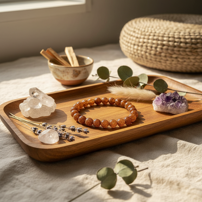 A wooden tray holds a beaded bracelet made of warm amber-brown round stones, styled with crystal clusters, dried lavender, eucalyptus leaves, a small bowl of cinnamon sticks, and a woven pouf in the background.