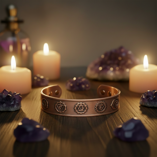 Bronze bracelet with engraved designs on a wooden surface with candles and crystals.