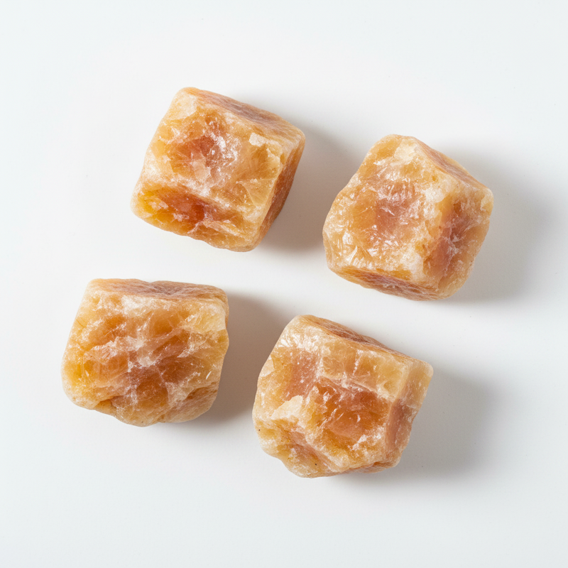 Four rough, translucent amber-orange crystal or stone cubes arranged on a clean white background.