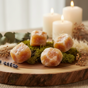 Four orange colored crystal stones arranged on green moss and a wooden slice, with lit white candles and dried botanicals in the background.