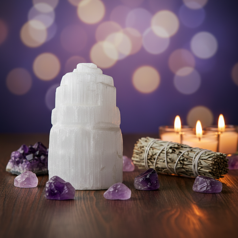 A white selenite tower crystal stand on a wooden surface, surrounded by purple amethyst stones, a sage bundle, and lit candles against a purple bokeh background.