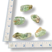 Green crystals on a white background with a ruler for scale.
