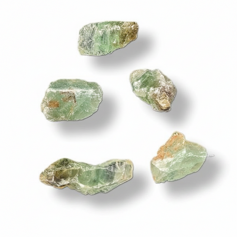 Five raw, rough green gemstone with natural earthy brown and white matrix, arranged on a clean white background with soft drop shadows.