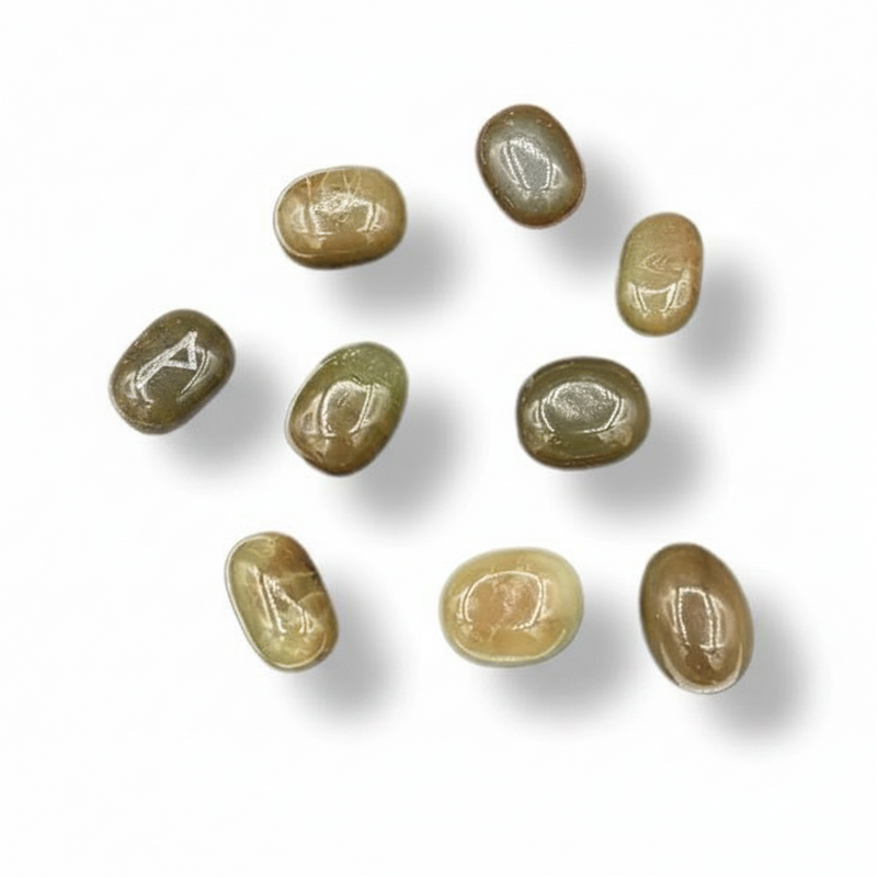 Nine polished oval gemstones in earthy olive, tan, and brown tones arranged on a white background with soft drop shadows.